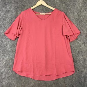 Zenana Top L Blouse V Neck Solid Pink Woven Flutter Sleeve Career Casual Curved